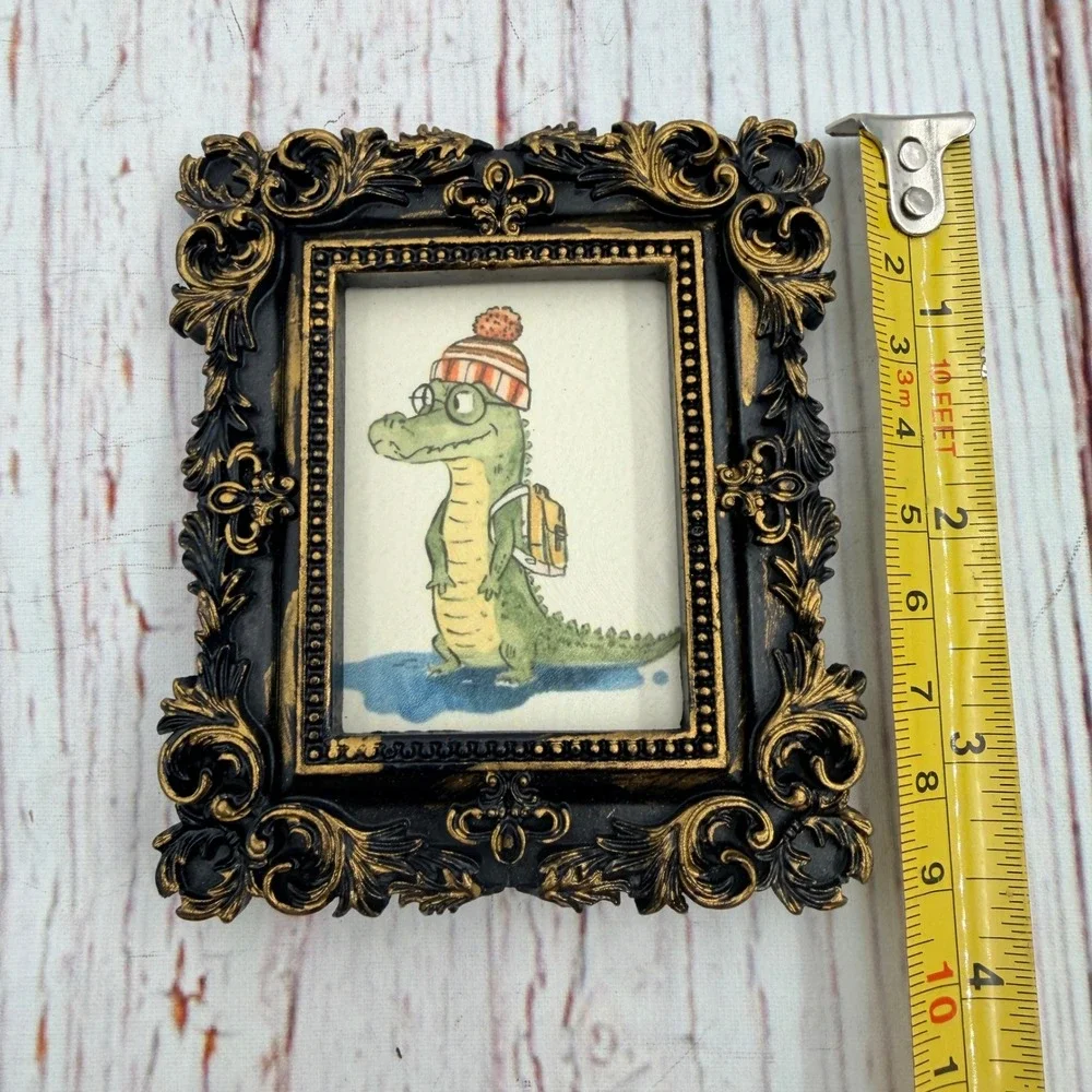 Ornate Miniature Crocodile Art Print Black Gold Resin Frame Whimsical Alligator